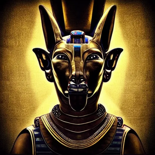 Prompt: “ detailed futuristic portrait of egyptian god anubis, cybernetics, realistic, mystical ”