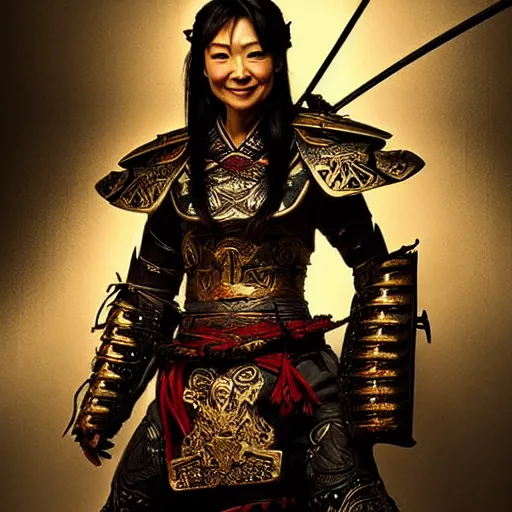 Image similar to ming na wen in samurai armor, atmospheric lighting, painted, intricate, golden hour, ultra detailed by royo