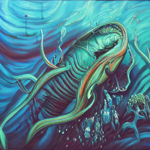 Image similar to the horrors of the deep ocean, painting, 4 k, detailed