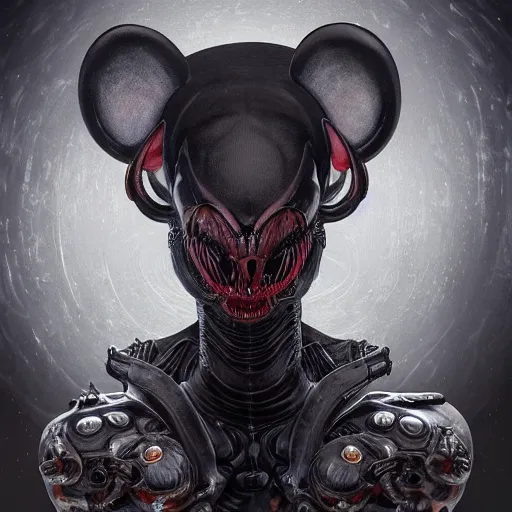 Prompt: mickey mouse xenomorph chimera lurkin in dark room portrait, round ears, two buttons pants, designed by h. r. giger, highly intricate detailed 8 k ultrarealistic octane render by artgerm and rutkowski and mucha