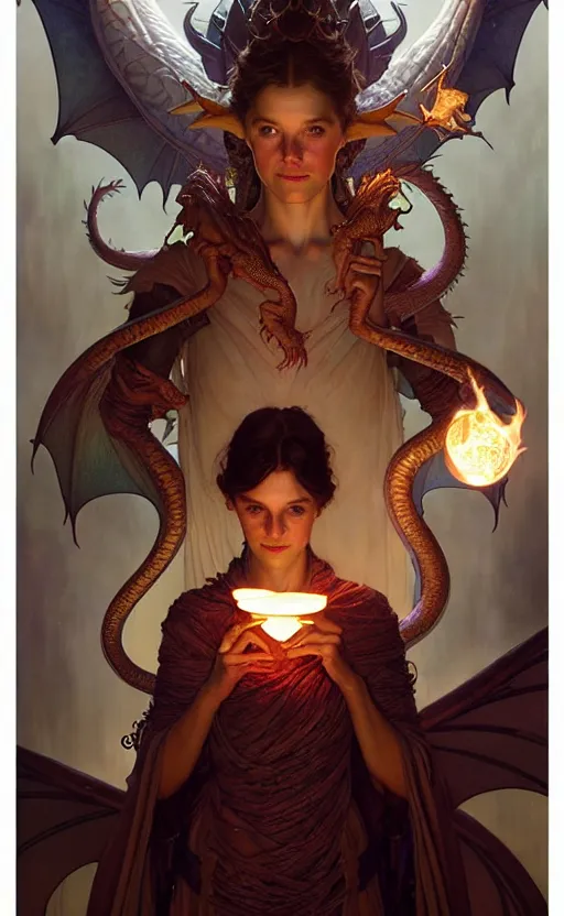 Prompt: magic dragon gorgeous lighting by weta studio, mucha, bautista and norman rockwell and greg rutkowski and tom bagshaw and james gurney and lucasfilm