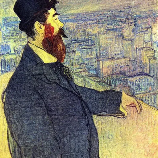 Image similar to A beautiful digital art of a man with a beard and a top hat, looking over a cityscape. by Henri de Toulouse-Lautrec