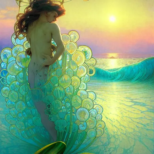 Image similar to detailed giant orchid flower surrounded by ocean wave, lsd water, ripples, transparent droplets, backlit, sunset, refracted lighting, art by collier, albert aublet, krenz cushart, artem demura, alphonse mucha