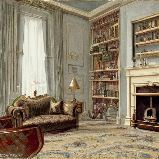 Prompt: interior of a living room, victorian style, photorealist, 4 k