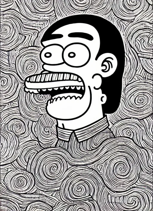 Prompt: junji ito style portrait of homer simpson, intricate, highly detailed, illustration, art by junji ito, junji ito