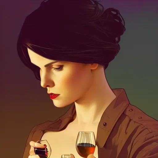 Image similar to Close-up portrait of A beautiful female wine enthusiast with her boyfriend, Joshua Middleton artwork, dramatic backlighting, golden hour, autochrome, high contrast, highly detailed, sharp focus, digital painting, concept art, illustration, cyberpunk, solarpunk, trending on artstation, art by Phil Noto and Alex Toth, composition by alphonse mucha