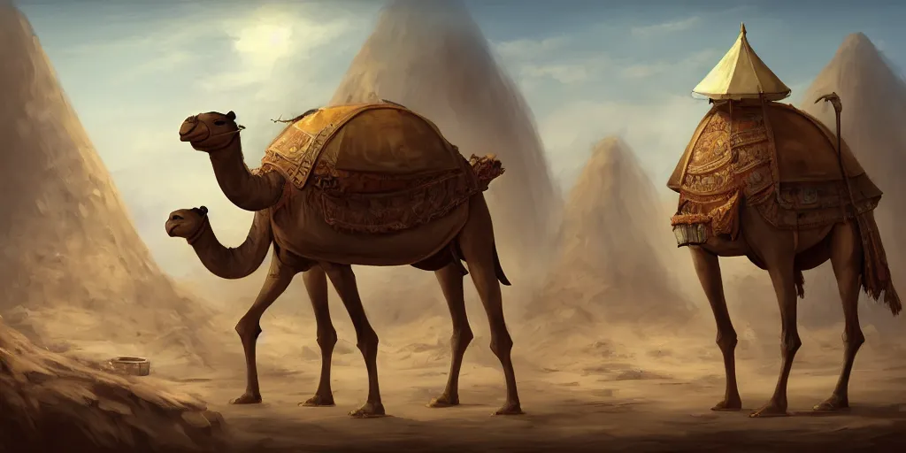 Image similar to a camel - like anthropomorphic merchant trader in a tent, matte oil painting, retrofuturistic, concept art, science fantasy, mutant, lgbt, queer, rpg, epic, rusted, white salt, badlands, jungles, dungeons & dragons, sacred, sharp focus, award - winning, extremely detailed, 4 k, 8 k