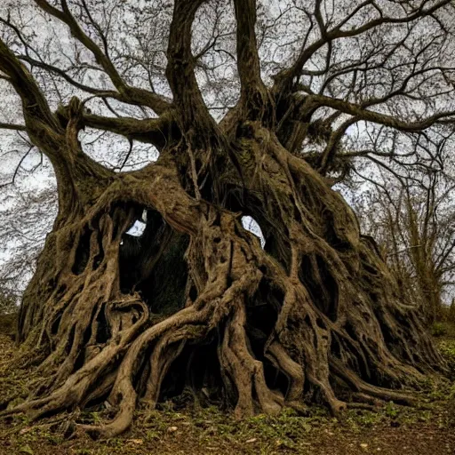 Image similar to a old gnarled tree, bark covered in the suggestion of faces, a group of misfits climb the tree, edge of a eerie forest, cursed grounds, something feels off