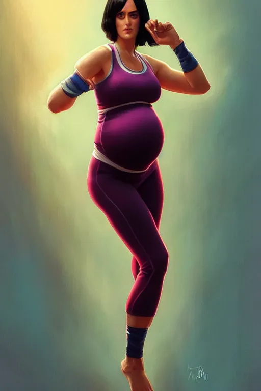 Image similar to pregnant katy perry in workout clothes, realistic portrait, symmetrical, highly detailed, digital painting, artstation, concept art, smooth, sharp focus, illustration, cinematic lighting, art by artgerm and greg rutkowski and alphonse mucha