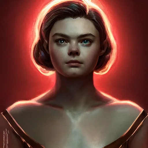 Image similar to head and shoulders portrait of modern darna, elle fanning in fallout 3, intricate, elegant, dark vibes, highly detailed, digital painting, artstation, glamor pose, concept art, smooth, sharp focus, illustration, art by wlop, mars ravelo and greg rutkowski