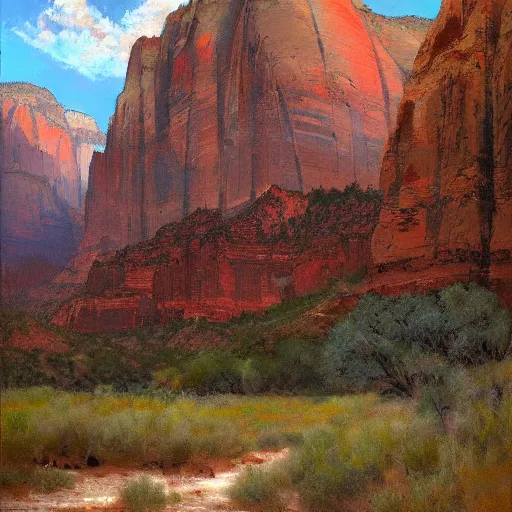 Image similar to zion national park painted by jeremy mann