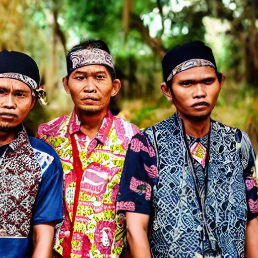 Prompt: portrait of people wear bandana with batik parang rusak pattern and bring javanese keris as weapon,javanese people gangster style