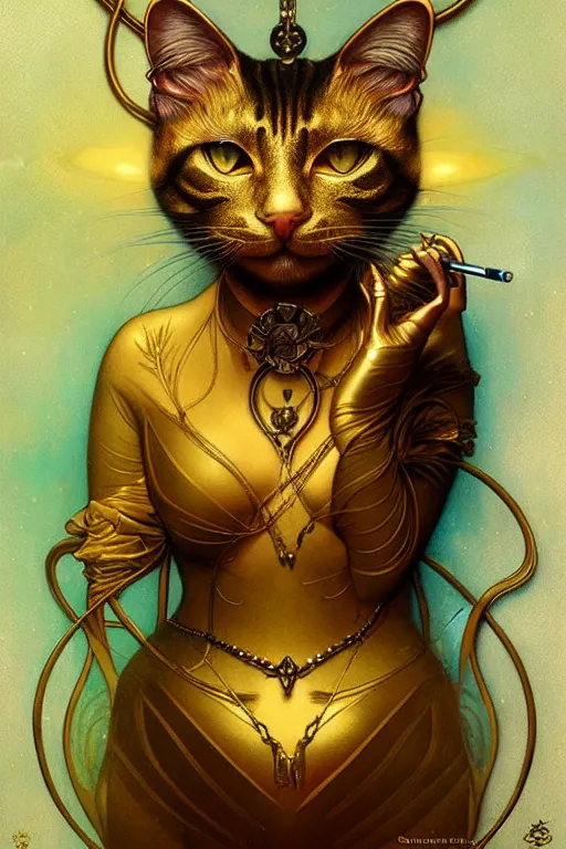 Image similar to metallic gold cat smoking by Android Jones, tom bagshaw, mucha, karl kopinski