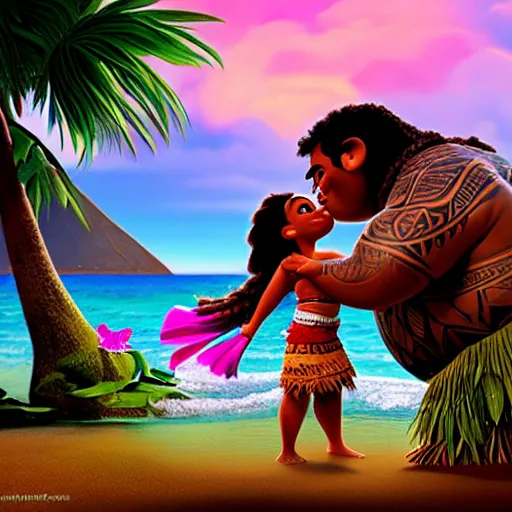 Image similar to Moana kissing Maui, concept art, digital art, Disney style-H 800