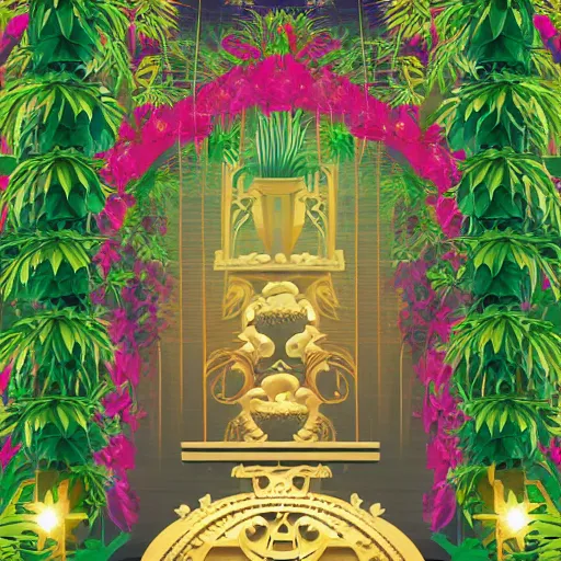 Prompt: 2 d vector, hanging garden of babylon, oasis, exotic flowers, plant life, garden of eden, pillars, gold accent, fountain, ornate, peaceful, light, vivid w - 1 5 3 6 h - 6 4 0