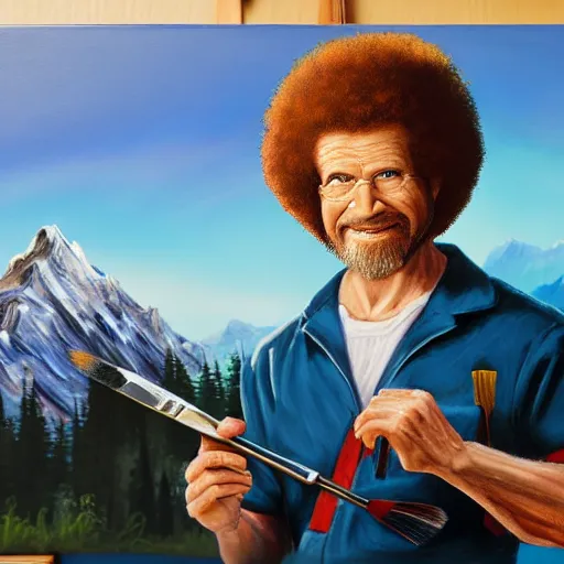 Image similar to a closeup photorealistic photograph of bob ross holding a paintbrush and diligently finishing a canvas painting depicting iron man. mountains and trees. film still. brightly lit scene. this 4 k hd image is trending on artstation, featured on behance, well - rendered, extra crisp, features intricate detail, epic composition and the style of unreal engine.