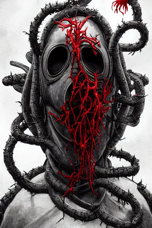 Image similar to realistic portrait beautiful detailed matte painting of cinematic movie scene a full body zombie with a gas mask, tentacles, black and red, thorns, vines, horror, created by gustave dore and greg rutkowski, high detailed, smooth draw, synthwave neon retro, intricate, realistic proportions, dramatic lighting, trending on artstation.