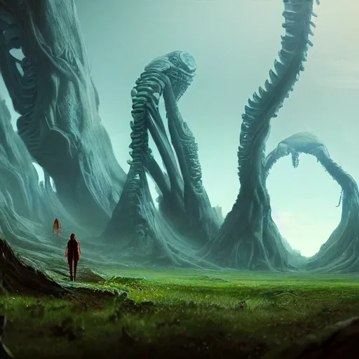 Image similar to a giant creature made out of visible arteries and veins and bones and muscles and spine and nerves, walking on an alien planet with aliens plants, alien breathtaking landscape, megalophobia, cinematic lighting, concept art, artstation