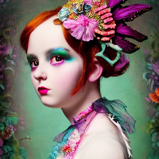 Image similar to Ethereal stunning maximalist Victorian heliumpunk girl from the rainbow sky paradise, high-tech, detailed by Mark Ryden, 35mm macro shot, hyperrealism, 8k resolution 3D