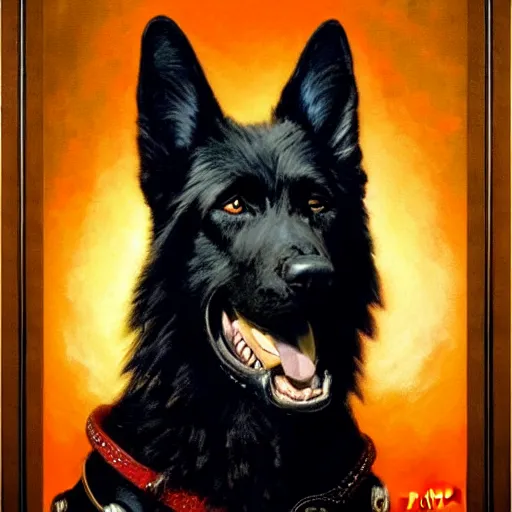 Image similar to a portrait of a black german shepard dogman canine star trek captain red shirt. highly detailed painting by gaston bussiere, craig mullins, j. c. leyendecker, furry