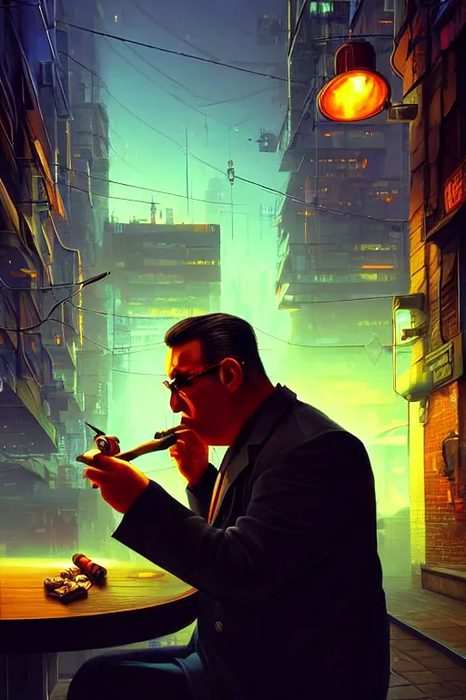 Prompt: A mafia boss lighting a cigar in a cyberpunk setting, by Evgeny Lushpin, dramatic lighting, high contrast colours, as trending on Artstation, highly detailed,