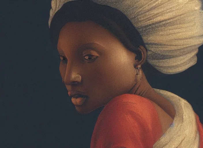 Image similar to a painting of a beautiful African woman by Leonardo da Vinci . dramatic angle, ethereal lights, details, smooth, sharp focus, illustration, realistic, cinematic, artstation, award winning, rgb , unreal engine, octane render, cinematic light, macro, depth of field, blur, red light and clouds from the back, highly detailed epic cinematic concept art CG render made in Maya, Blender and Photoshop, octane render, excellent composition, dynamic dramatic cinematic lighting, aesthetic, very inspirational, arthouse.