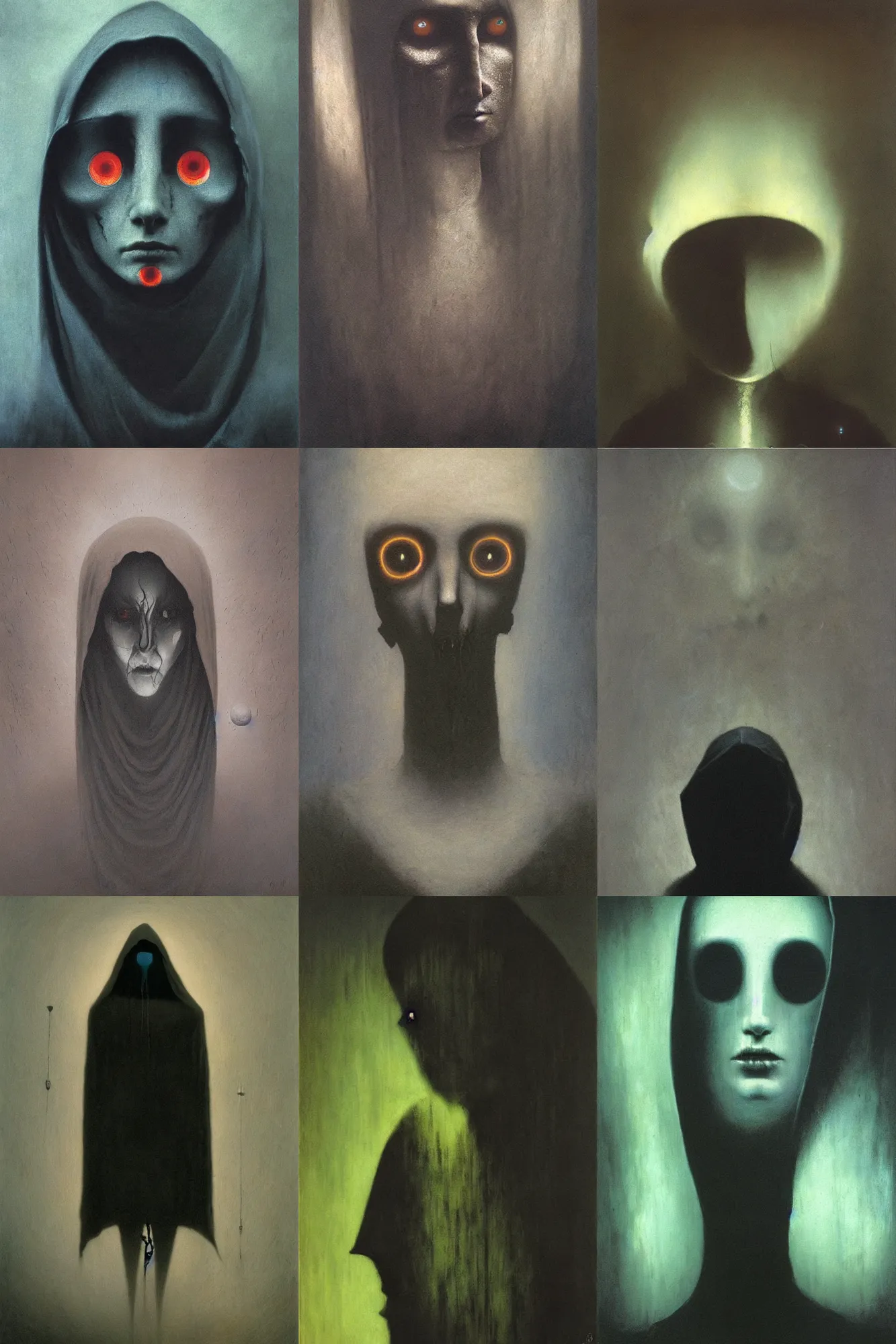 Prompt: Beksiński painting of shadowy lady wearing a black hood with septum piercing, glowing eyes