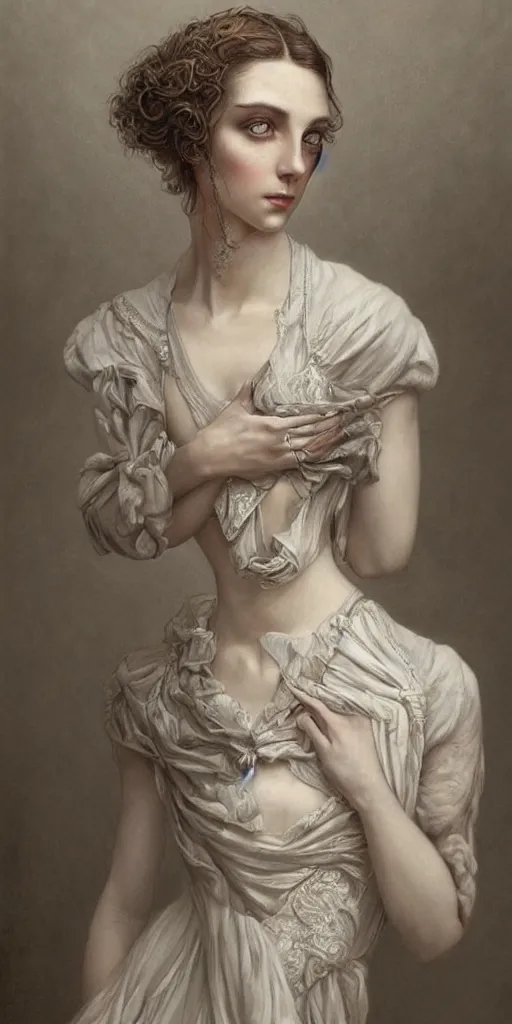 Image similar to a beautiful hyperrealistic portrait pose of a stunning Victorian model in a high-collared grey and white dress looking mournful, intricate, elegant, highly detailed, smooth, sharp focus, award-winning, masterpiece, in the style of Tom Bagshaw, Cedric Peyravernay, Peter Mohrbacher