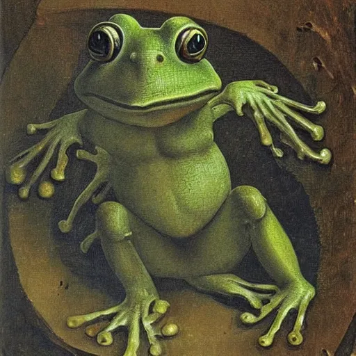 Prompt: frog at the end of time by Da Vinci