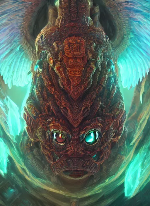 Image similar to a highly detailed illustration of mayan quetzalcoatl, glowing eyes, ancient mayan background, feathers, intricate, epic, highly detailed, centered, digital painting, artstation, concept art, smooth, sharp focus, league of legends concept art, wlop