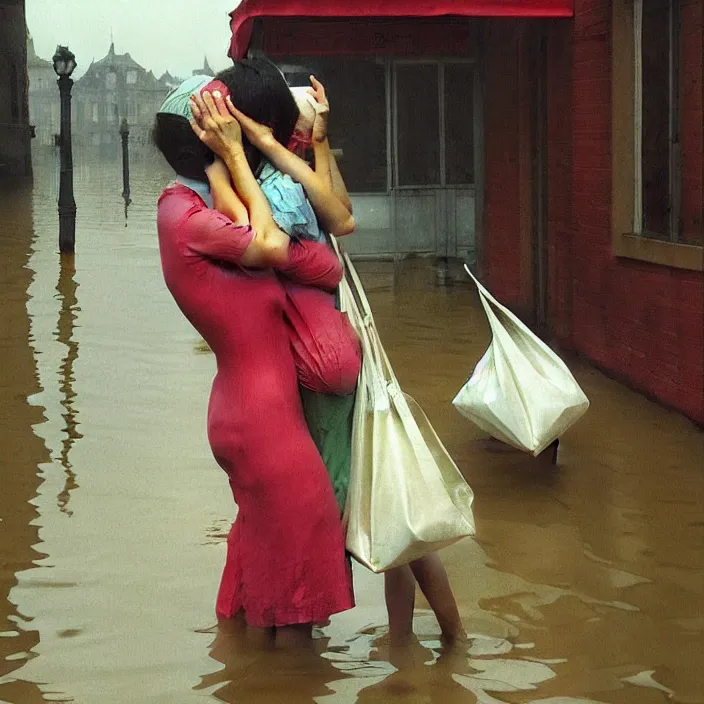 Image similar to two women hugging with a paper bag over the head dressed in plastic bags on flooded streets, highly detailed, artstation, art by, , edward hopper, Zdzislaw Beksinski, highly detailed