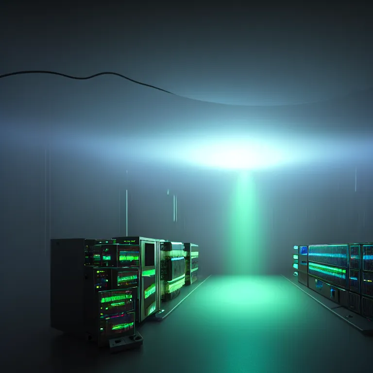 Prompt: an immaculate volumetric path tracing lighting render of a of beautiful iridescent large tape drive device at the center of a vast modern datacenter, fog, god rays, and nixie tubes by Zdzisław Beksiński and beeple, beautiful modern colors, ultradetailed, 4k ultra