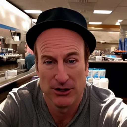 Prompt: gene ( bob odenkirk ) working at cinnabon, better call saul