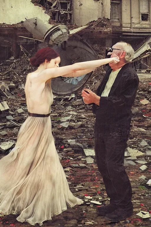 Prompt: A young woman dancing with her grandfather in front of a gramophone inside the ruined remained of a hospital, by Adrian Ghenie and Gerhard Richter part by Takato Yamamoto. 8k masterpiece, hyper detailed, sharp focus, Soft light 4K,