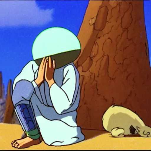 Image similar to a cell - shaded cartoon movie still from princess mononoke ( 1 9 9 7 ) of a middle eastern imam kneeling in prayer. a golden ufo is in the sky. very dull muted colors, hd, 4 k, hq