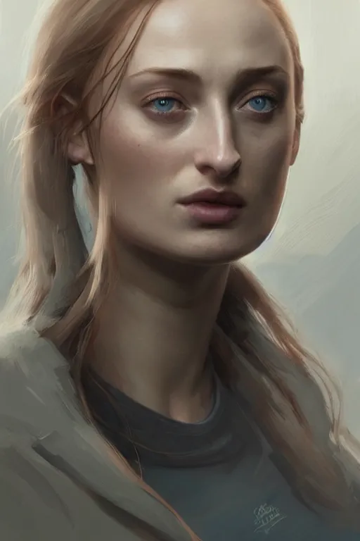 Prompt: Sophie Turner looking behind her, anatomy, only two hands, highly detailed, digital painting, artstation, concept art, smooth, sharp focus, illustration, Unreal Engine 5, 8K, art by art by artgerm and greg rutkowski and edgar maxence