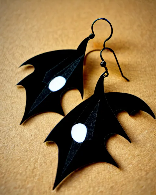 Image similar to spooky cartoon bat, 2 d lasercut earrings, in the style of tim burton