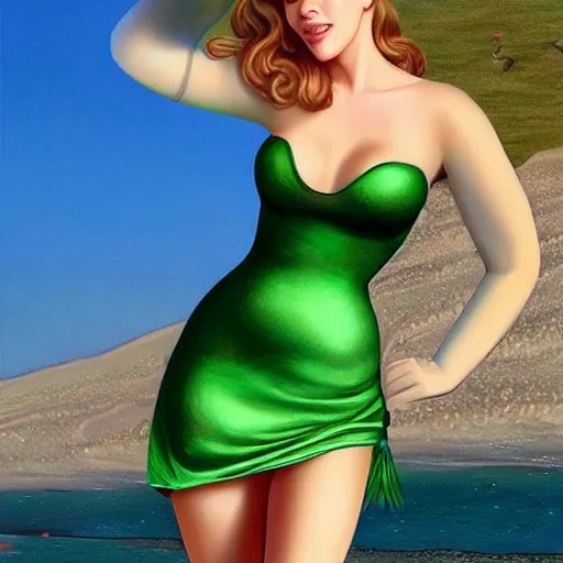 Image similar to beautiful tinkerbell in a skintight green satin prom dress on the beach drawn by artgerm