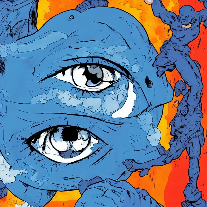 Prompt: giant floating blue eye, comic book cover art inspired by tim doyle and kurzgesagt