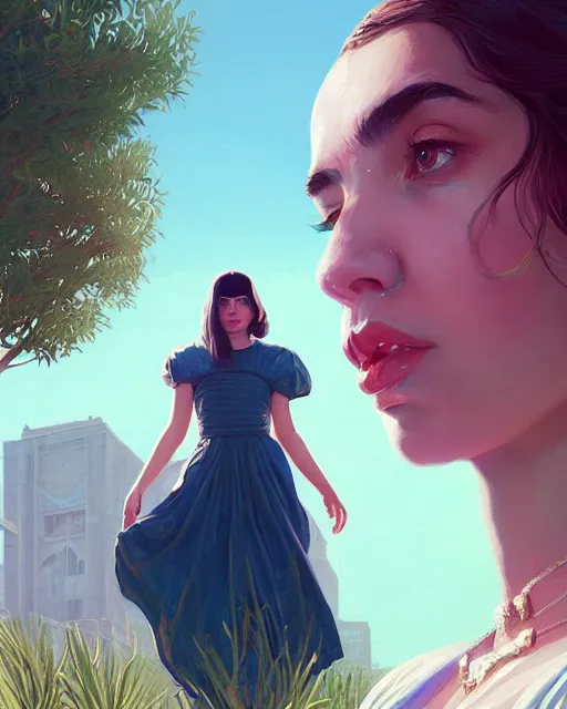 Image similar to portrait of Dua Lipa as a modest renaissance goddess, in GTA V, Stephen Bliss, unreal engine, by Greg Rutkowski, Loish, Rhads, Makoto Shinkai and Lois van baarle, ilya kuvshinov, rossdraws, global illumination, radiant light, detailed and intricate environment