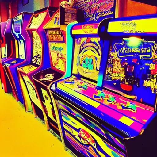 Image similar to “ nostalgic arcade, liminal, colorful aesthetic ”