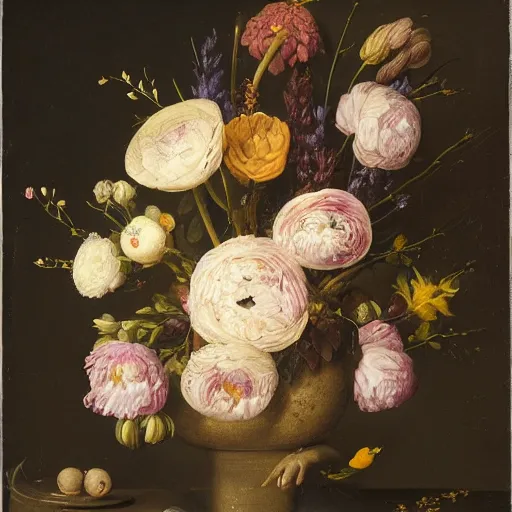 Image similar to still - life of bouquet of lilac and ranunculus with honeycomb bees and birds feathers, rachel ruysch, dark, moody