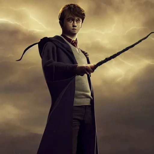 Image similar to Harry potter standing and holding a short wand, yellow light spell, side view, daniel radcliffe, thunderclouds, cinematic shot, wide shot, epic scale, photorealistic detail and quality, intricate cobblestone, magical particle effects, movie still, nighttime, crescent moon, sharp and clear, action shot, intense scene, visually coherent, symmetry, rule of thirds, movement, photorealistic colors, cool colors transitioning to warm colors, modest tone, award winning, directed by Steven Spielberg, Christopher Nolan, Tooth Wu, Asher Duran, artstation