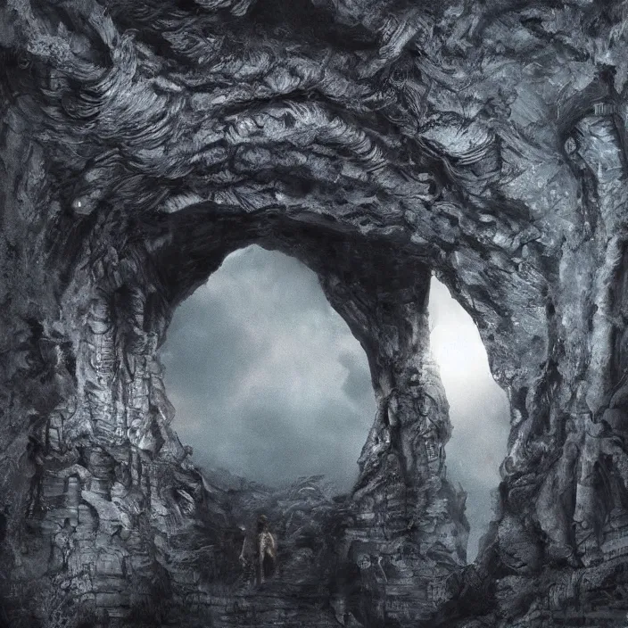 Image similar to gazing through a black archway to the void, black night, intricate high detail matte painting masterpiece