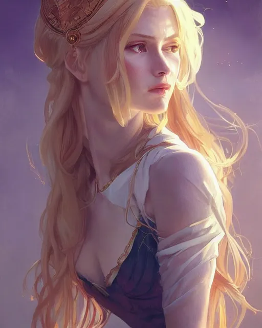 Image similar to '' Portrait of Beautiful blonde Slavic woman in her early 30’s, league of legends, LOL, fantasy, d&d, digital painting, artstation, concept art, sharp focus, illustration, art by greg rutkowski and alphonse mucha ''