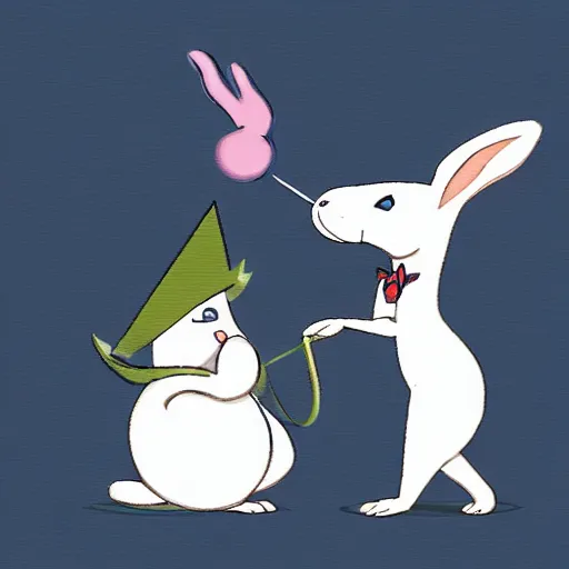 Image similar to anthropomorphic rabbit pulling a magician out of a magic hat