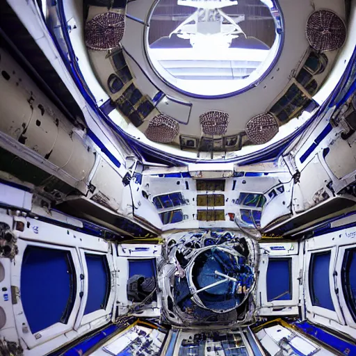 Image similar to A beautiful photograph of a spacecraft or space station in Earth's orbit. The space station has a large, central cylindrical section with several smaller attached modules. There are numerous antennae, dishes, and other communications equipment on the station, as well as a few large windows. There appear to be several people inside the station, working at various consoles and terminals. embroidery by Ralph McQuarrie, by Pete Turner sad