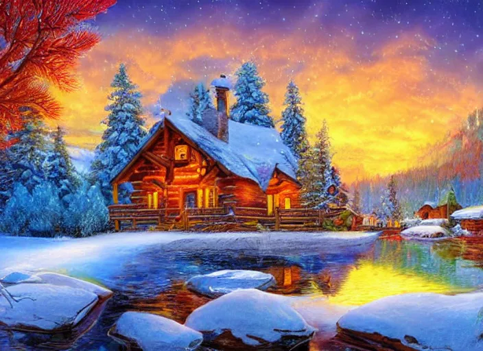 Image similar to beautiful cabin on a lake in the winter, 8 k, matte painting, in the style of artist, josephine wall