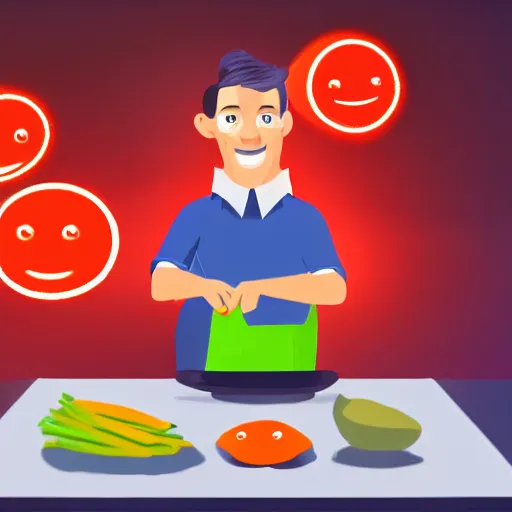 Image similar to husband chopping vegetables, wearing a collared shirt and dress pants with dress shoes, deranged smile, male android, malfunctioning, sparking, red glowing left eye