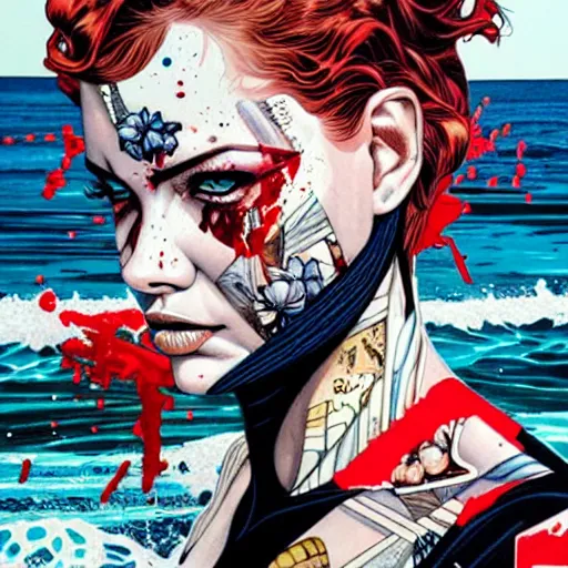 Image similar to blood in ocean intricate details by MARVEL comics and Sandra Chevrier